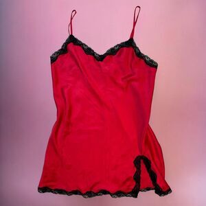 Victorias Secret red silky slip dress with black lace trim❤️